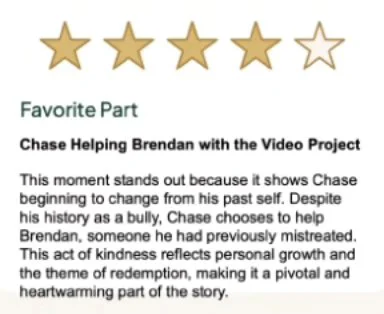 Restart book review sheet with four of five stars filled in and, under Favorite Part, the scene Chase Helping Brendan with the Video Project and the reason for choosing it, written in English