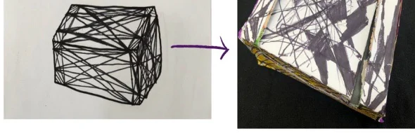 A box design drawn with crisscrossing black pen lines, an arrow, and a photo of a real paper box decorated with the same pattern