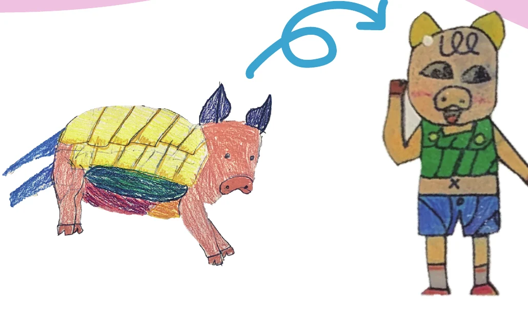 A pig drawing with a yellow-patterned back, an arrow, and on the right a standing pig character in a green top and blue pants raising one hand