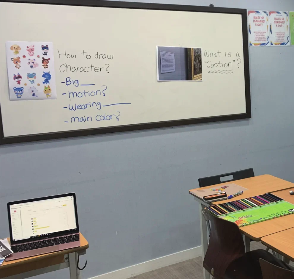 Classroom board with character drawing examples and the questions How to draw Character? (Big, motion, Wearing, main color) and What is a Caption?, with colored pencils and a laptop on the desks