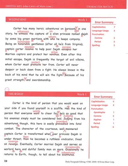 English passage from a workbook Editing Key with sentence errors corrected in red and a count of errors by type on the right