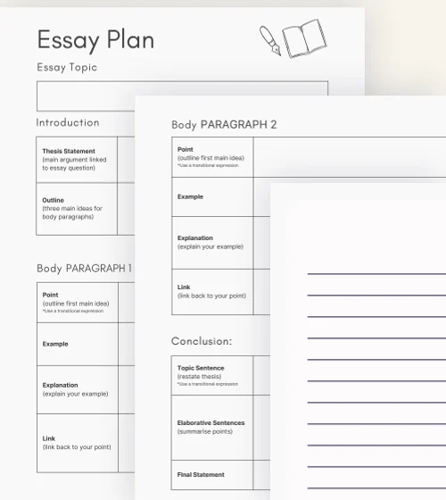 Essay Plan worksheet for organizing an essay from the topic through the introduction, body, and conclusion