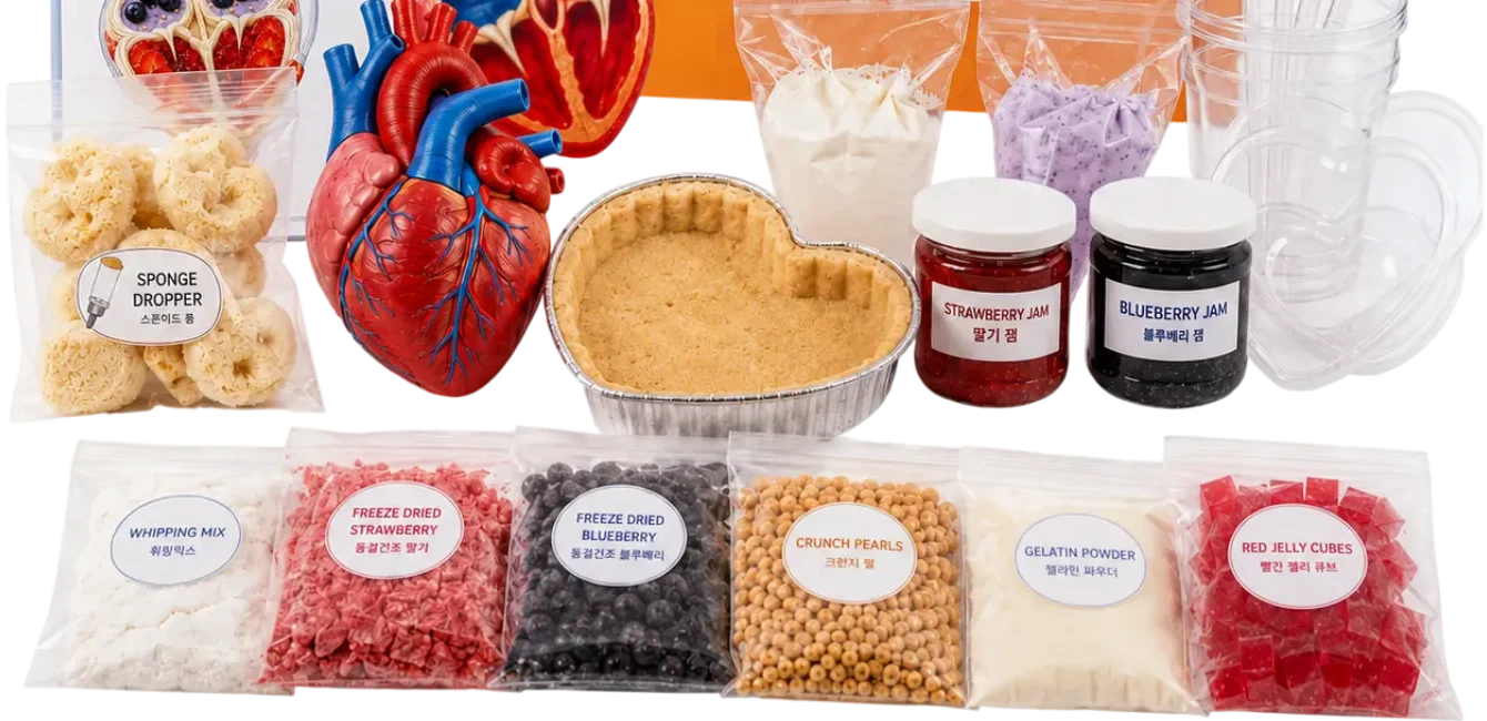 Heart Parfait activity materials: a heart model, heart-shaped tart shells in foil cups, strawberry and blueberry jam, cups, and labeled ingredient bags