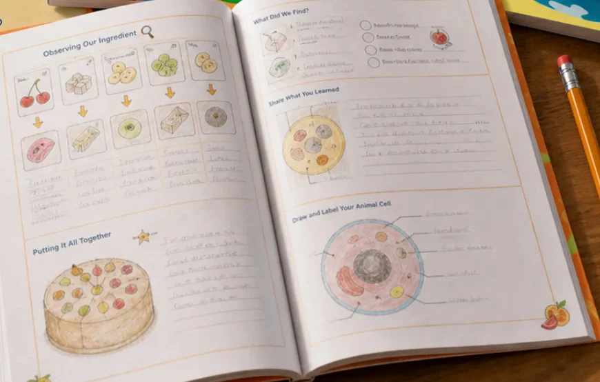 Open Food & Science worksheet with sections titled Observing Our Ingredient, What Did We Find?, Share What You Learned, and Draw and Label Your Animal Cell