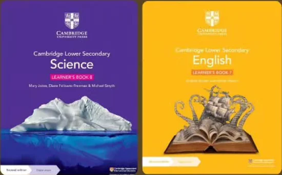 Covers of Cambridge Lower Secondary Science Learner's Book 8 and English Learner's Book 7