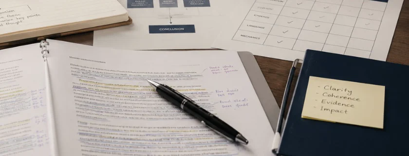 An English essay draft with underlines and handwritten notes, a checklist marking structure, evidence, and language, and a note card listing Clarity, Coherence, Evidence, and Impact
