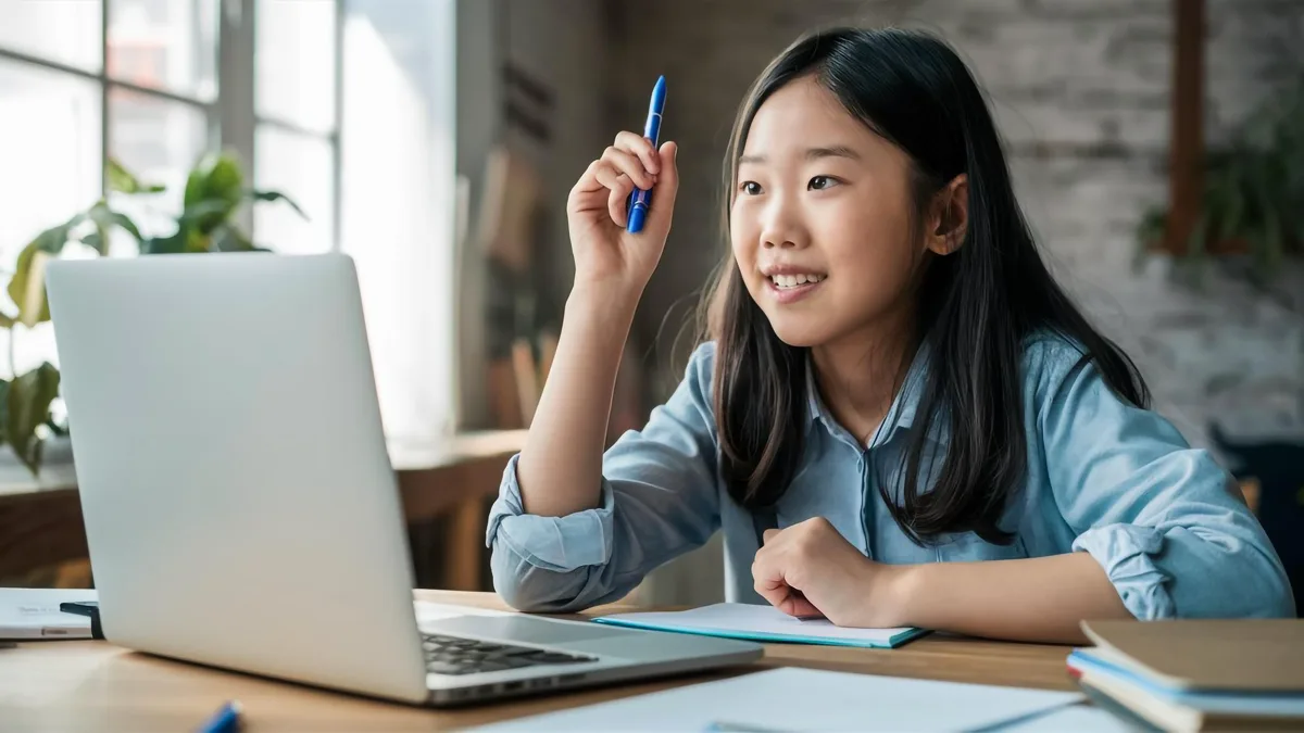 A student with a laptop and notebook open, raising a hand that holds a pen while talking