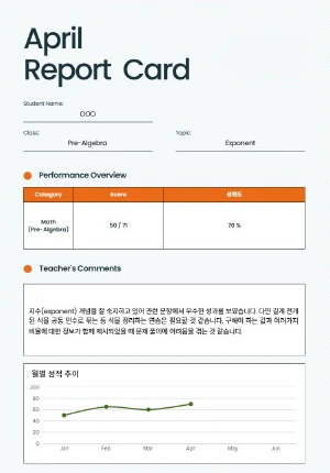 Monthly report example. Under the title April Report Card: a math (Pre-Algebra) score of 50/71 with 70% achievement, instructor comments on the exponents unit, and a graph of monthly scores from January to April.