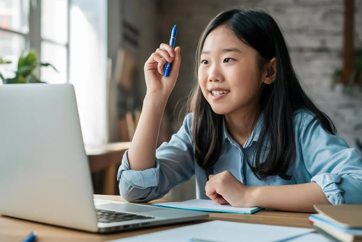 A student sitting at a desk with a laptop and an open notebook