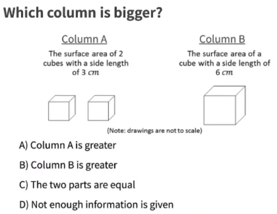 A math problem asking which is larger: the surface area of two cubes with 3 cm sides (Column A) or one cube with 6 cm sides (Column B), with four answer choices, A through D