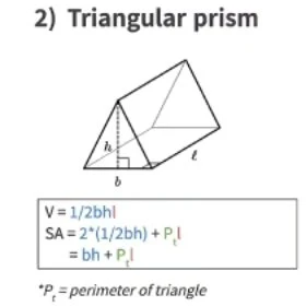 A drawing of a triangular prism with the formulas for its volume (V) and surface area (SA) written below it, from a lesson handout