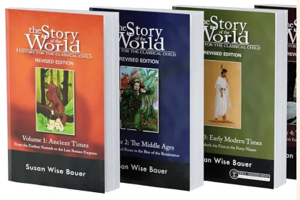 Covers of The Story of the World Volume 1: Ancient Times, Volume 2: The Middle Ages, and Volume 3: Early Modern Times side by side