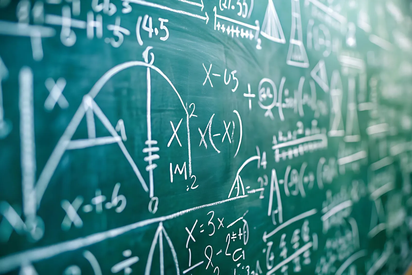 A chalkboard filled with equations and graphs